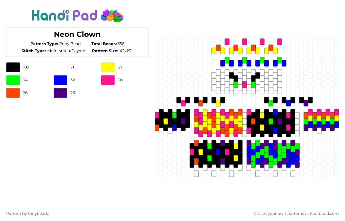 Neon Clown - Pony Bead Pattern by tonybeadz on Kandi Pad - yellow,green,purple