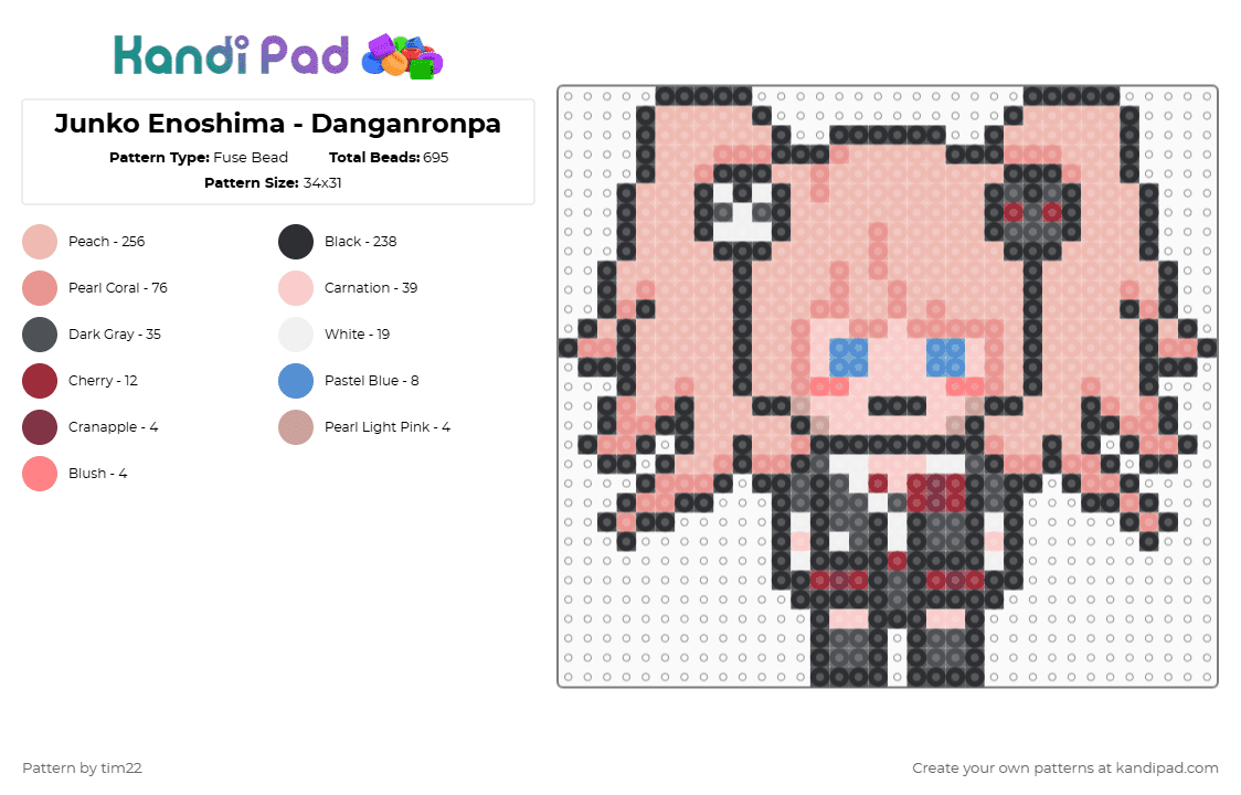 Junko Enoshima - Danganronpa - Fuse Bead Pattern by tim22 on Kandi Pad - beige,danganronpa,junko,girl,pink,white,black,red,despair