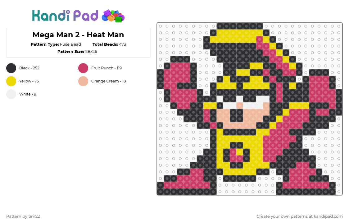 Mega Man 2 - Heat Man - Fuse Bead Pattern by tim22 on Kandi Pad - heat man,mega man,character,heatman,video game,gaming,black,pink,yellow,megaman,rockman,heat,fire