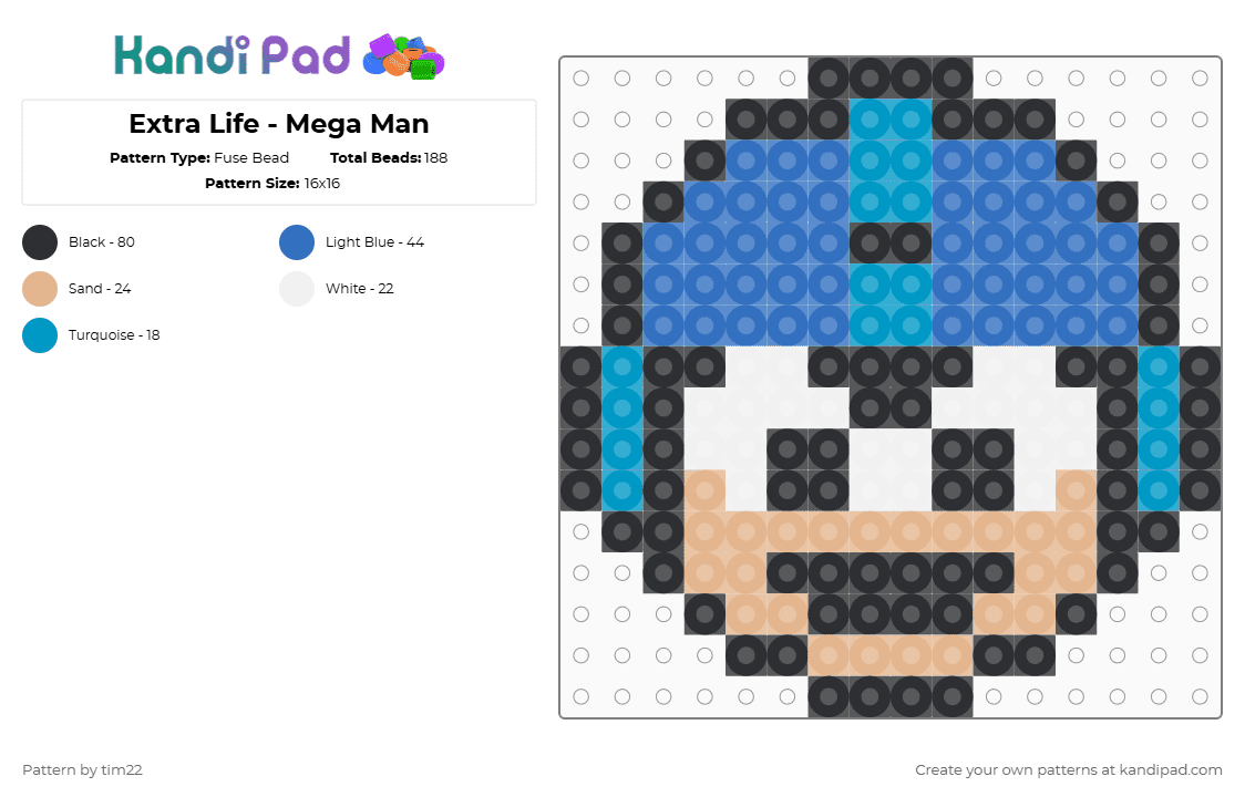 Extra Life - Mega Man - Fuse Bead Pattern by tim22 on Kandi Pad - blue,mega man,mega,man,head,1up