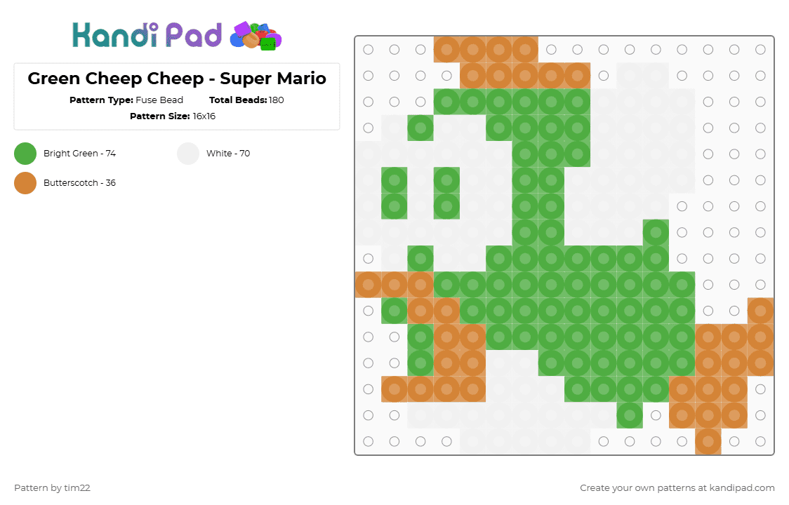 Green Cheep Cheep - Super Mario - Fuse Bead Pattern by tim22 on Kandi Pad - orange,green,fish,mario,super mario,enemy