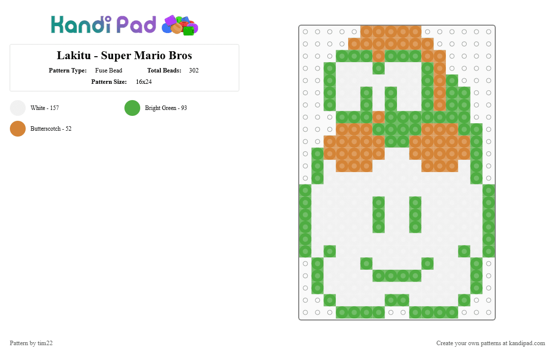 Lakitu - Super Mario Bros - Fuse Bead Pattern by tim22 on Kandi Pad - green,orange,lakitu,mario,super mario,enemy,yellow,white