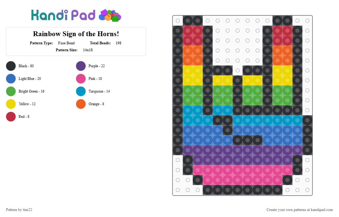 Rainbow Sign of the Horns! - Fuse Bead Pattern by tim22 on Kandi Pad - black,purple,blue,green,colorful,red,yellow,orange,pink,sign