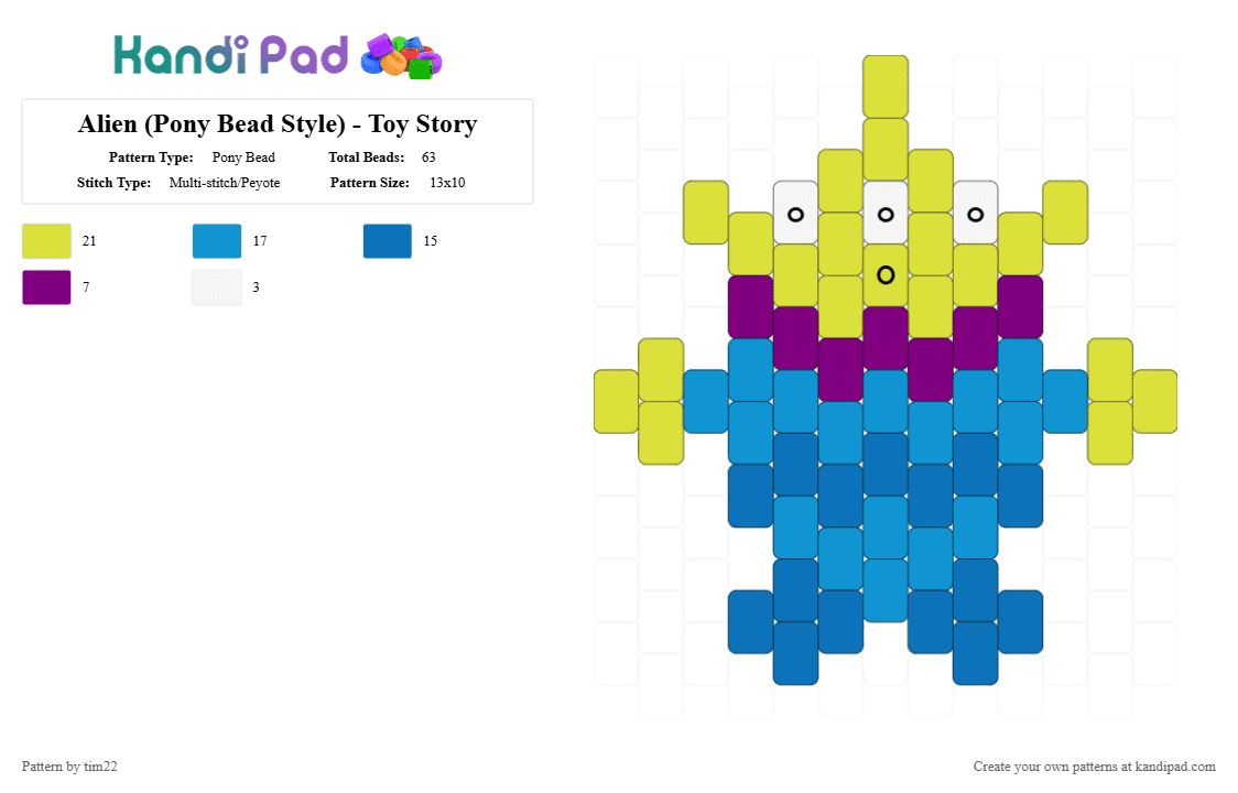 Alien (Pony Bead Style) - Toy Story - Pony Bead Pattern by tim22 on Kandi Pad - blue,light blue,yellow,alien,toystory,green,purple