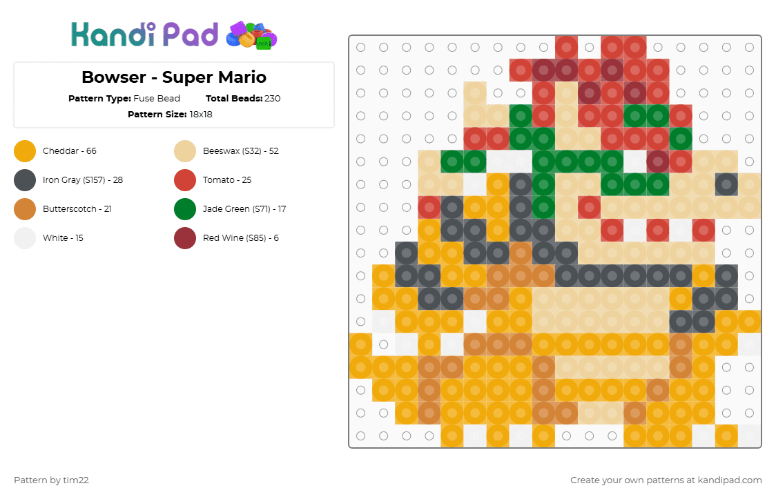 Bowser - Super Mario - Fuse Bead Pattern by tim22 on Kandi Pad - orange,beige,reptile,dragon,turtle,green,mario,bowser,super mario,evil