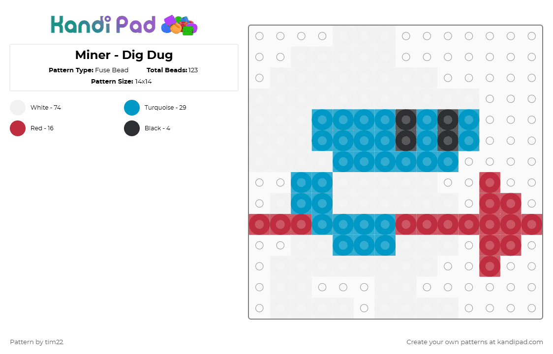 Miner - Dig Dug - Fuse Bead Pattern by tim22 on Kandi Pad - dig dug,classic,miner,character,video game,bandai,games,gaming,white,light blue,red,arcade,sprite,namco,retro