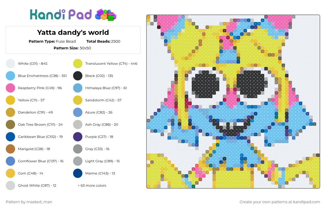 Yatta dandy\'s world - Fuse Bead Pattern by masked_man on Kandi Pad - white,pink,light blue,yellow,characters