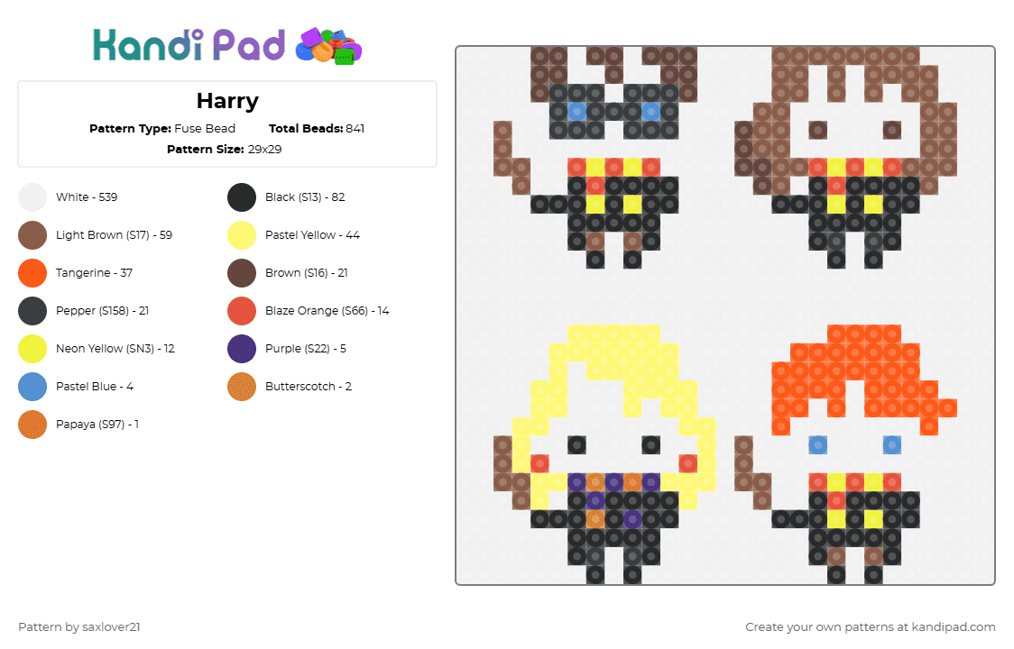 Harry - Fuse Bead Pattern by saxlover21 on Kandi Pad - white,tan,yellow,orange