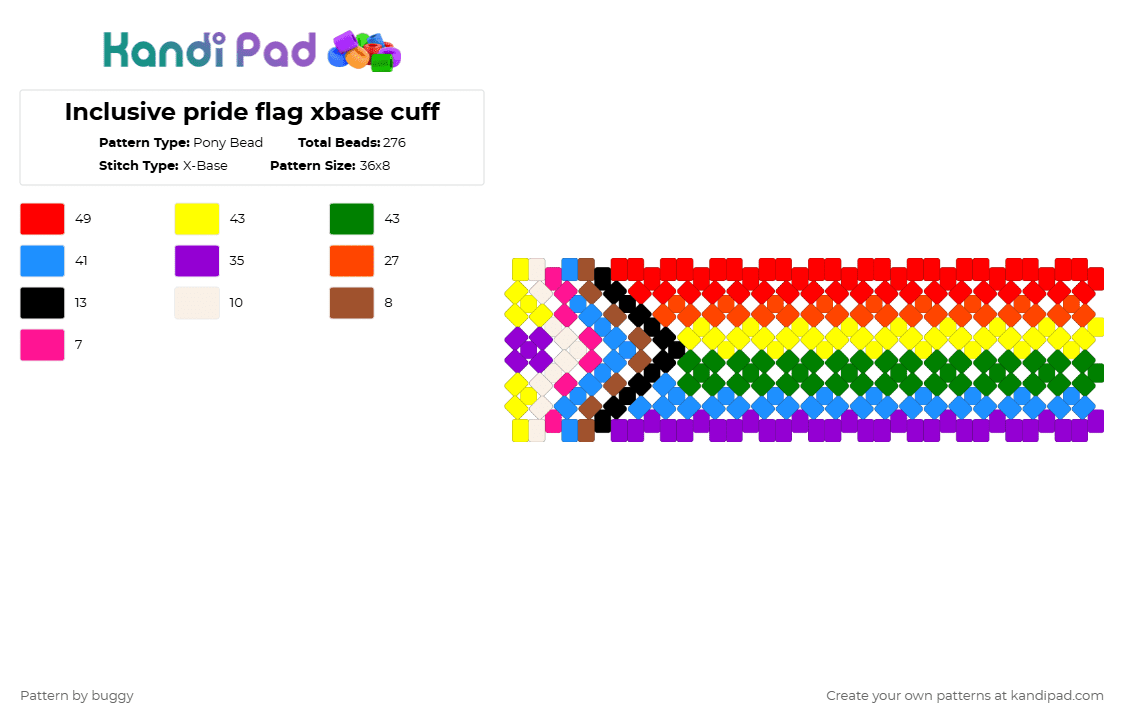 Inclusive pride flag xbase cuff - Pony Bead Pattern by buggy on Kandi Pad - red,light blue,yellow,green