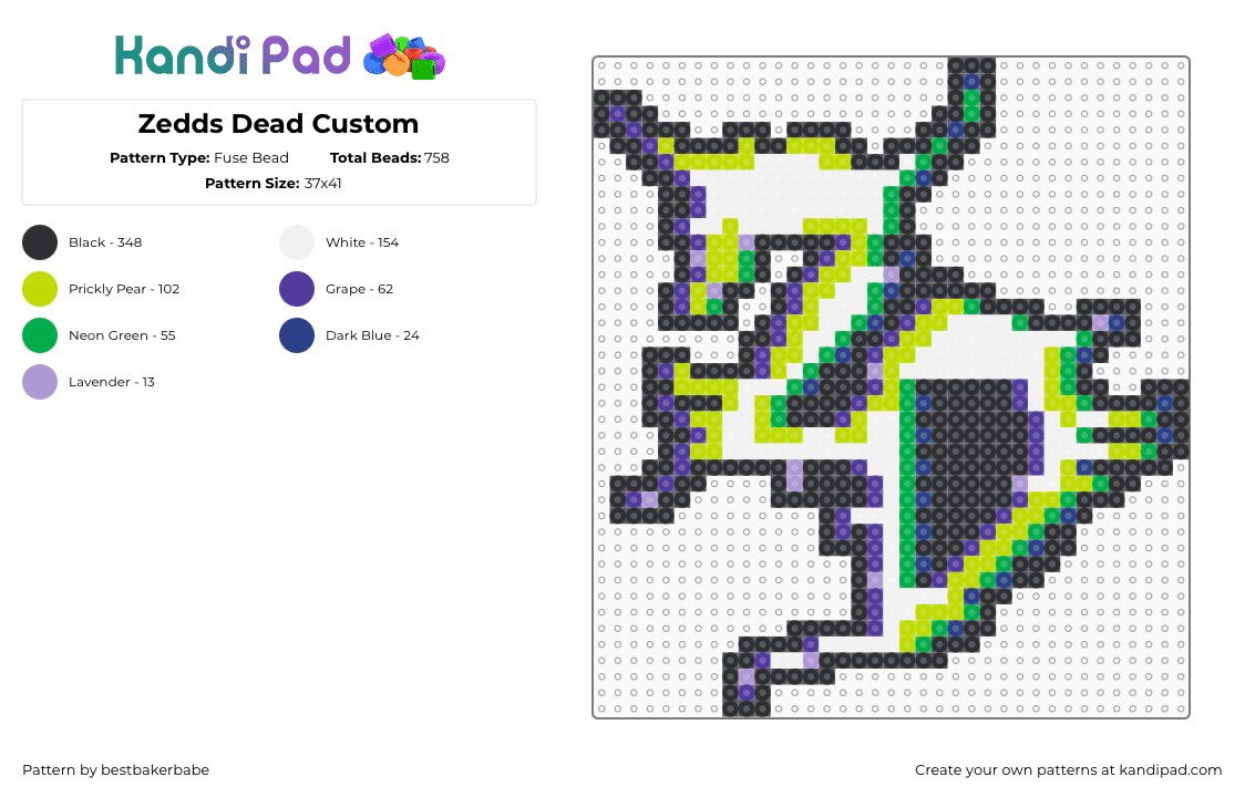 Zedds Dead Custom - Fuse Bead Pattern by bestbakerbabe on Kandi Pad - zedds dead,logo,music,edm,dj,trippy,black,purple,green