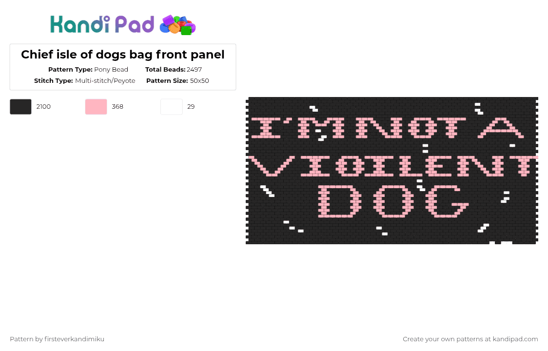 Chief isle of dogs bag front panel - Pony Bead Pattern by mack_truck on Kandi Pad - black,pink