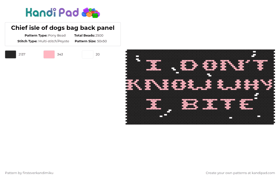 Chief isle of dogs bag back panel - Pony Bead Pattern by mack_truck on Kandi Pad - black,pink