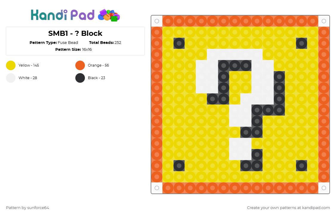 SMB1 - ? Block - Fuse Bead Pattern by sunforce64 on Kandi Pad - question mark,mario,block,smb,game,video game,gaming,orange,yellow