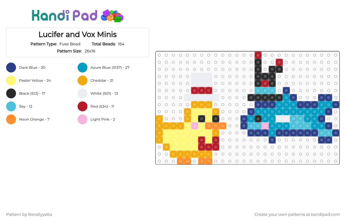 Lucifer and Vox Minis - Fuse Bead Pattern by literallyyatta on Kandi Pad - orange,yellow,blue,light blue,lucifer,duck,vox,shark,mini,keychains,hazbin