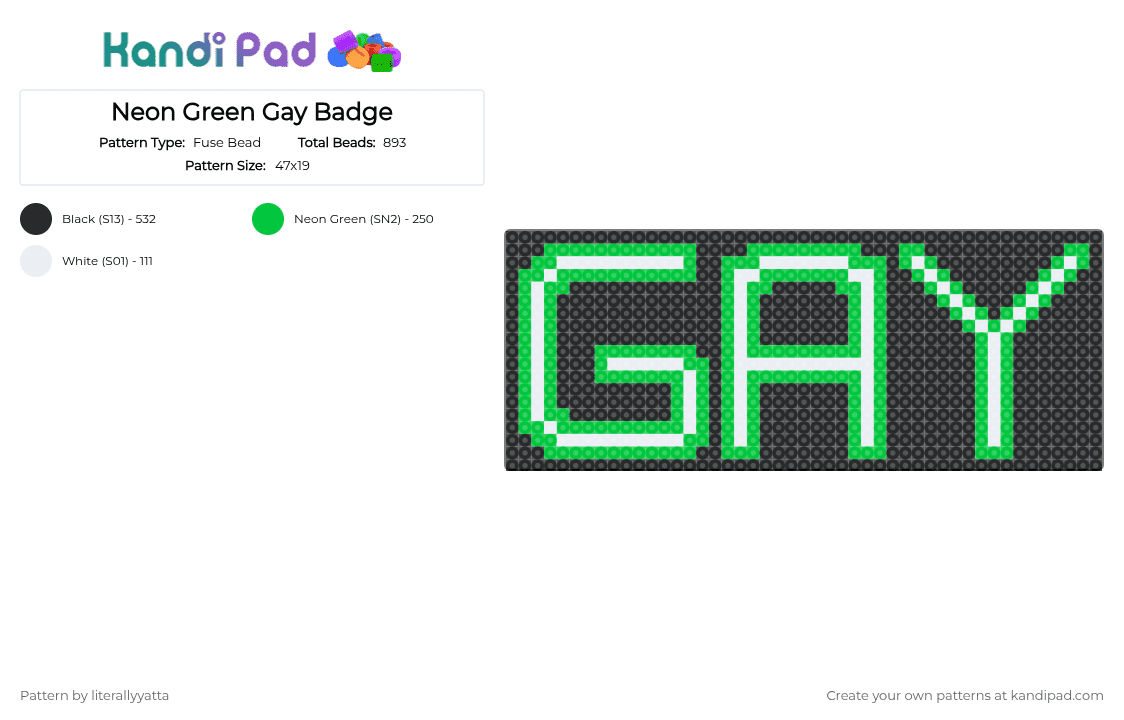 Neon Green Gay Badge - Fuse Bead Pattern by literallyyatta on Kandi Pad - green,white,neon,badge,simple,gay,lbgtq