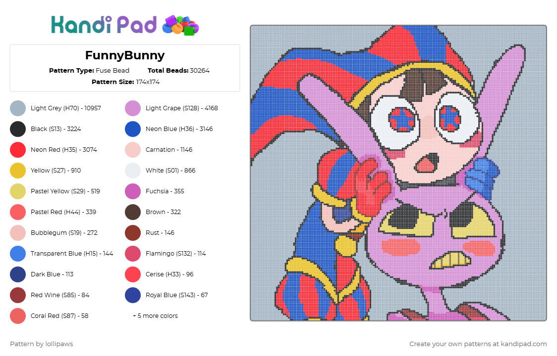FunnyBunny - Fuse Bead Pattern by deleted_user_684790 on Kandi Pad - pomni,jax,amazing digital circus,cartoon,tv show,pink,red,blue,funnybunny,lollipaws,tadc,pomnixjax