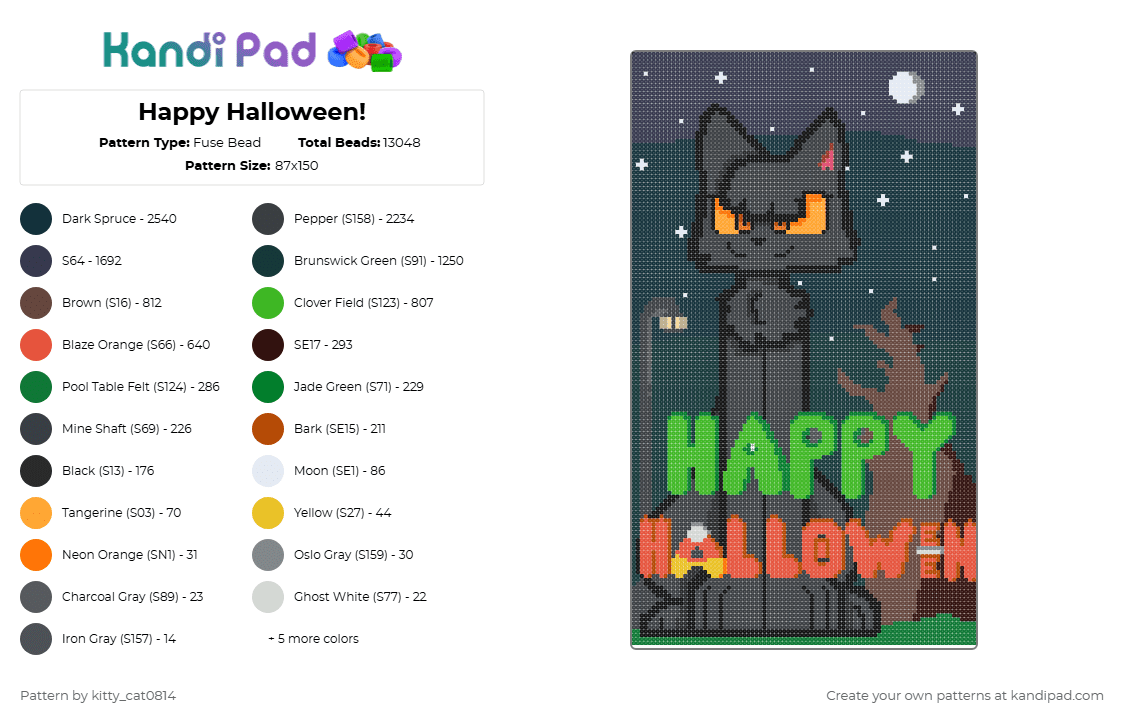 Happy Halloween! - Fuse Bead Pattern by kitty_cat0814 on Kandi Pad - black,purple,brown,green,colorful,halloween,holidays,cats,black cats