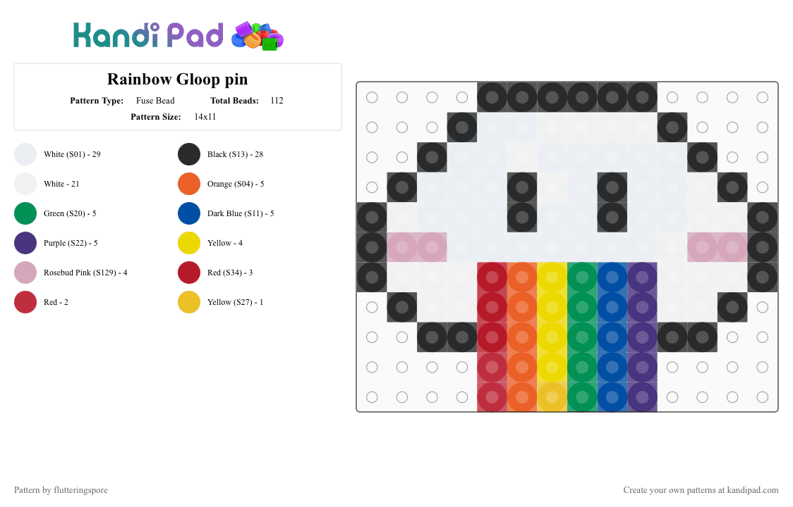 Rainbow Gloop pin - Fuse Bead Pattern by flutteringspore on Kandi Pad - white,orange,green,purple,colorful