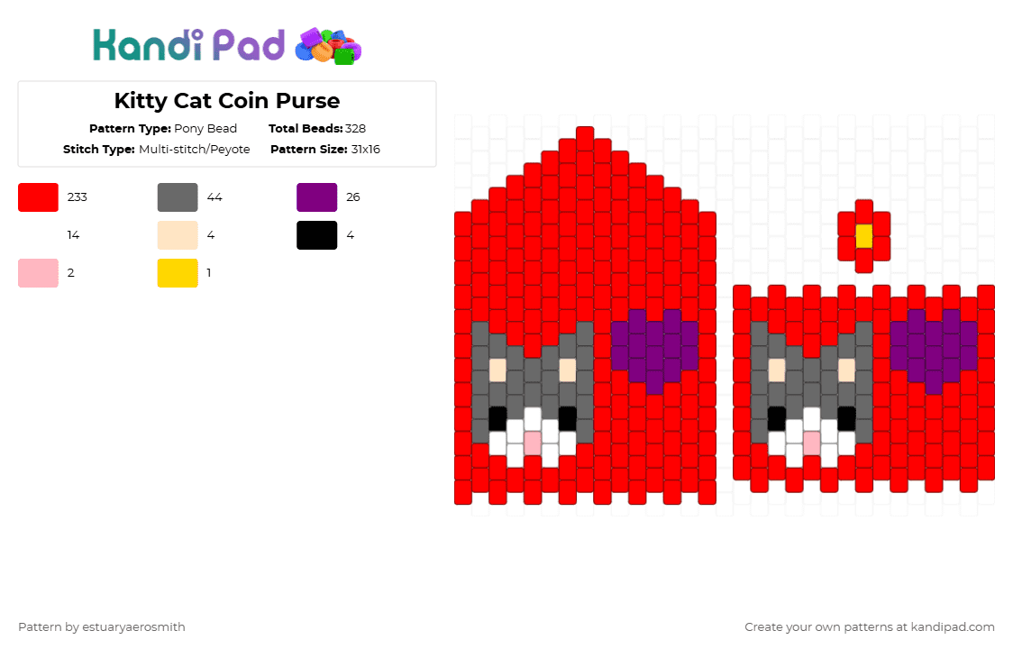 Kitty Cat Coin Purse - Pony Bead Pattern by estuaryaerosmith on Kandi Pad - cat,kitty,coin purse,pouch,red,purple