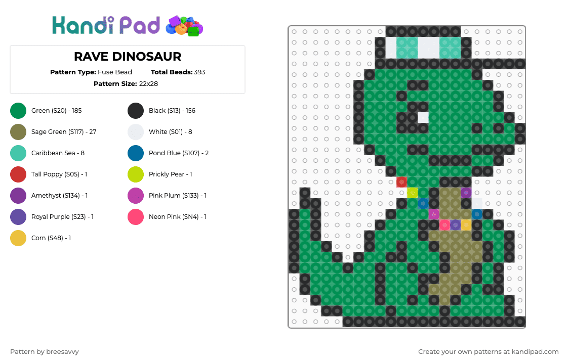 RAVE DINOSAUR - Fuse Bead Pattern by breesavvy on Kandi Pad - music,lost lands,edm,cute,creature,animal,black,green,gold,rave,dino,party,dinosaur,bass