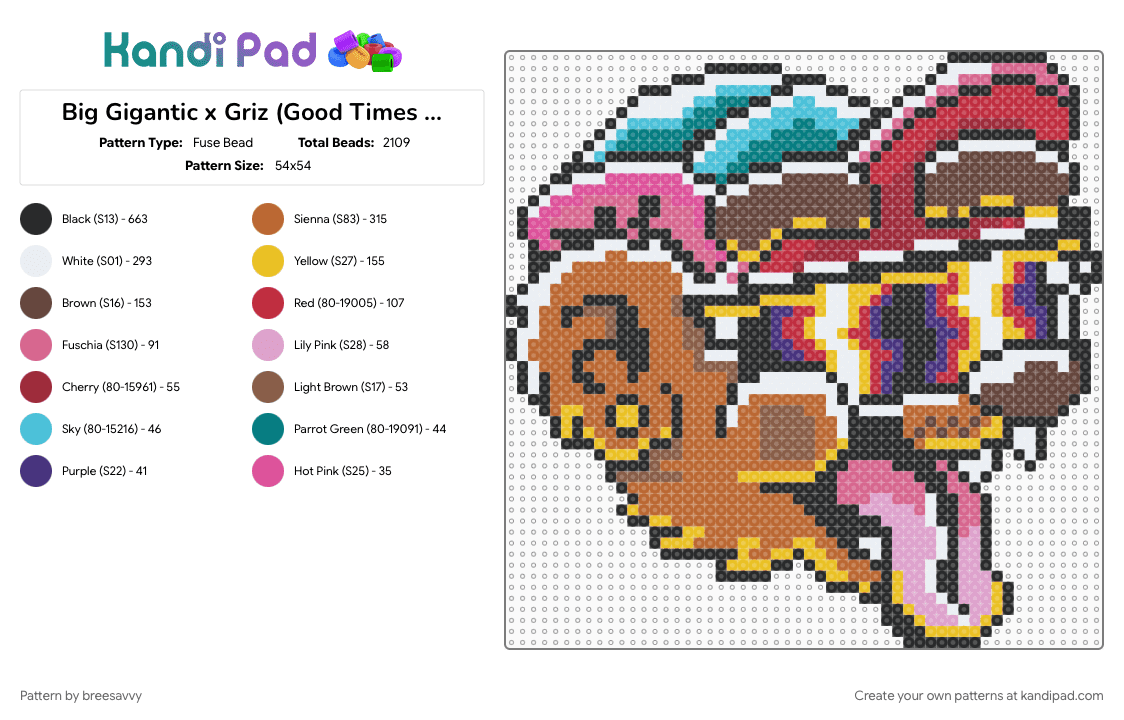 Big Gigantic x Griz (Good Times Roll Bear) - Fuse Bead Pattern by breesavvy on Kandi Pad - big gigantic, brown, colorful, dj, dubstep, fun, griz, music, party, pink, rave, tan