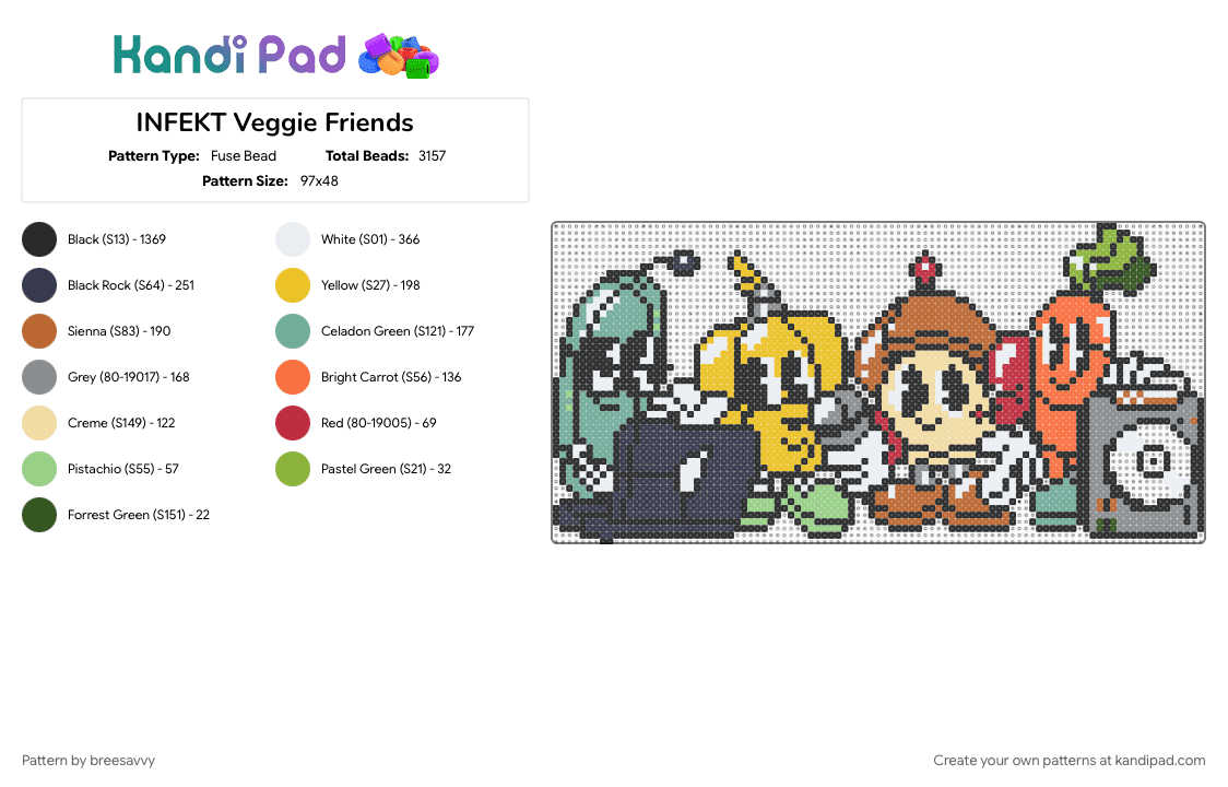 INFEKT Veggie Friends - Fuse Bead Pattern by breesavvy on Kandi Pad - beige, black, colorful, dj, festival, fun, gray, infekt, music, party, purple, rave, teal