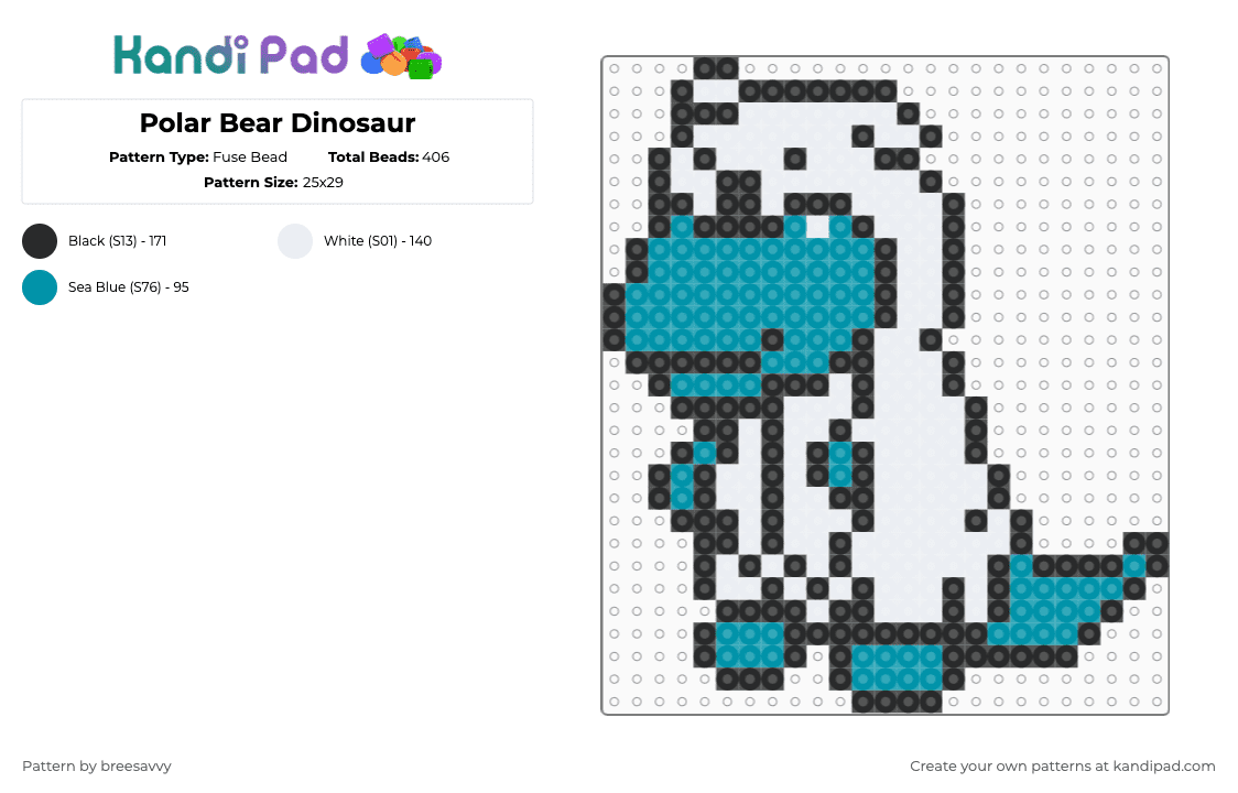 Polar Bear Dinosaur - Fuse Bead Pattern by breesavvy on Kandi Pad - white,teal,polar bear,dinosaur,onesie,rave,fun