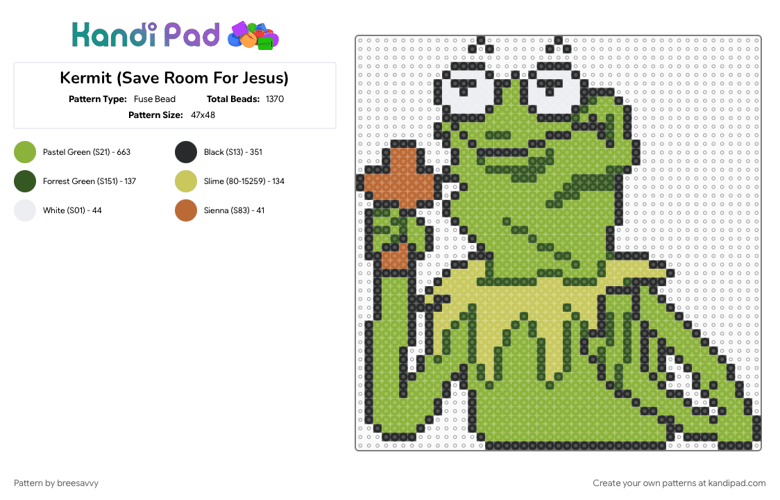 Kermit (Save Room For Jesus) - Fuse Bead Pattern by breesavvy on Kandi Pad - dj, dubstep, funny, green, kermit, kermit the frog, music, party, rave