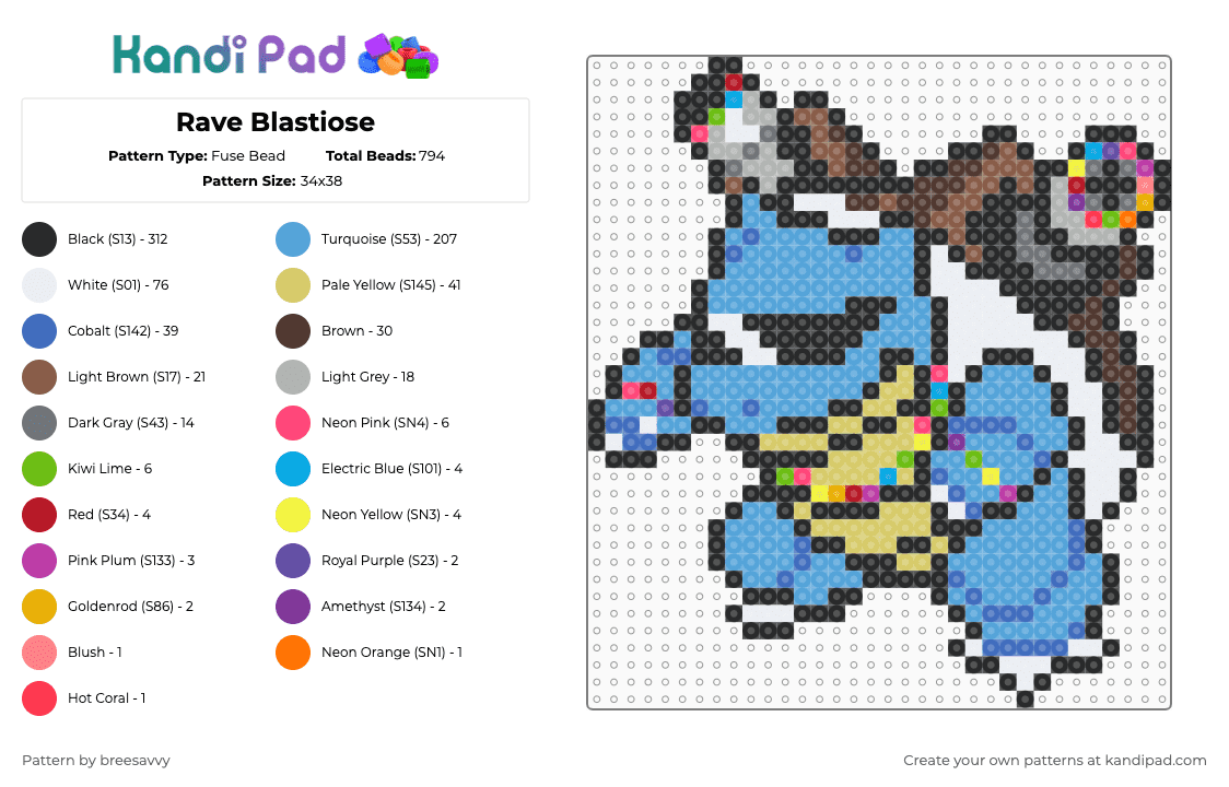 Rave Blastiose - Fuse Bead Pattern by breesavvy on Kandi Pad - blastoise,creature,nintendo,gaming,video game,music,kandi,pokemon,black,light blue,yellow,colorful,blastiose,party,rave,fun,trippy