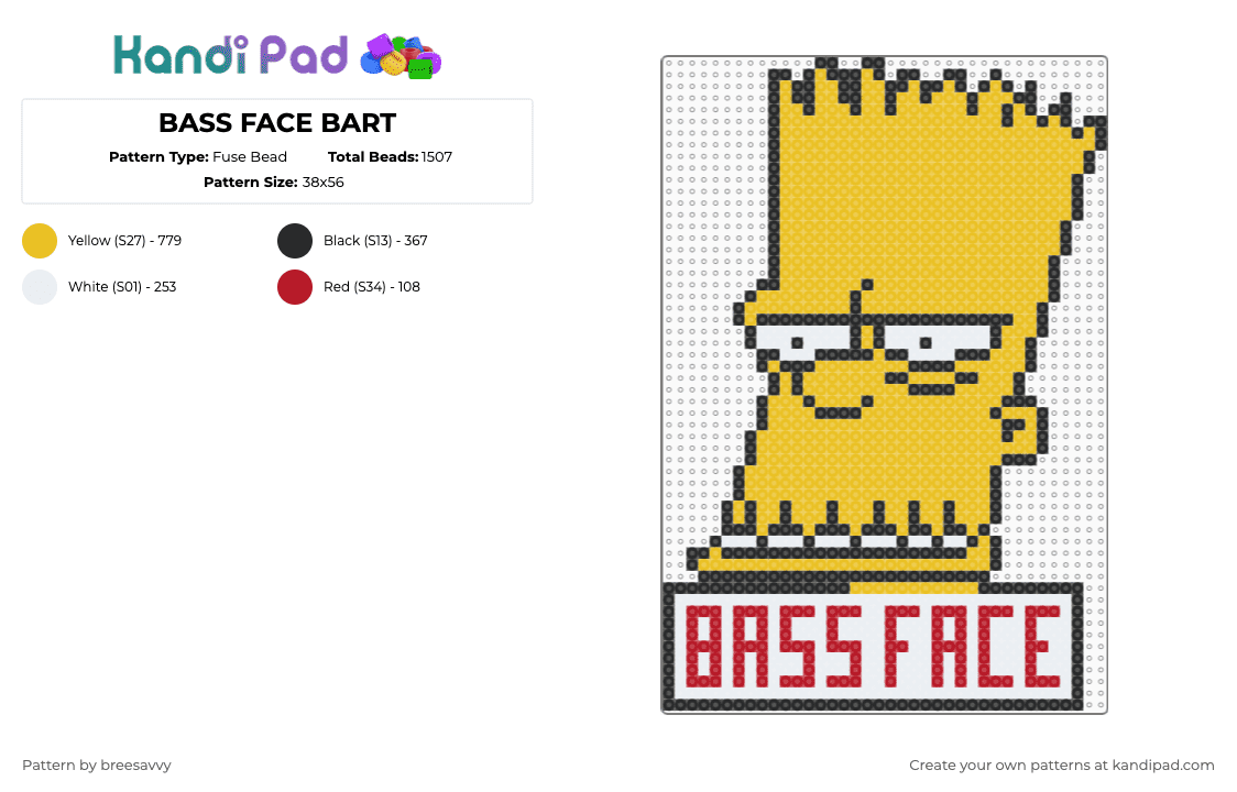 BASS FACE BART - Fuse Bead Pattern by breesavvy on Kandi Pad - tv show,cartoon,music,edm,yellow,the simpsons,bart simpson,bass face,festival,rave,dubstep