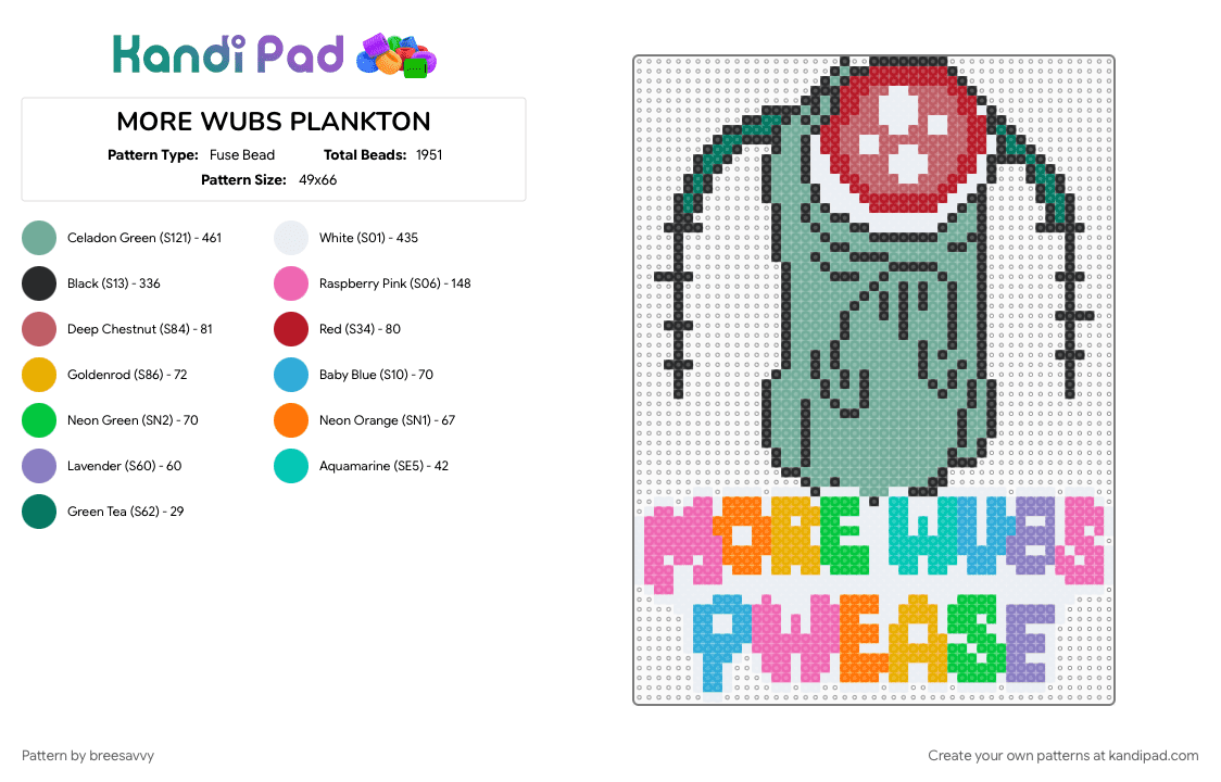 MORE WUBS PLANKTON - Fuse Bead Pattern by breesavvy on Kandi Pad - dance, dubstep, festival, funny, party, pink, rave, spongebob, teal, wubs