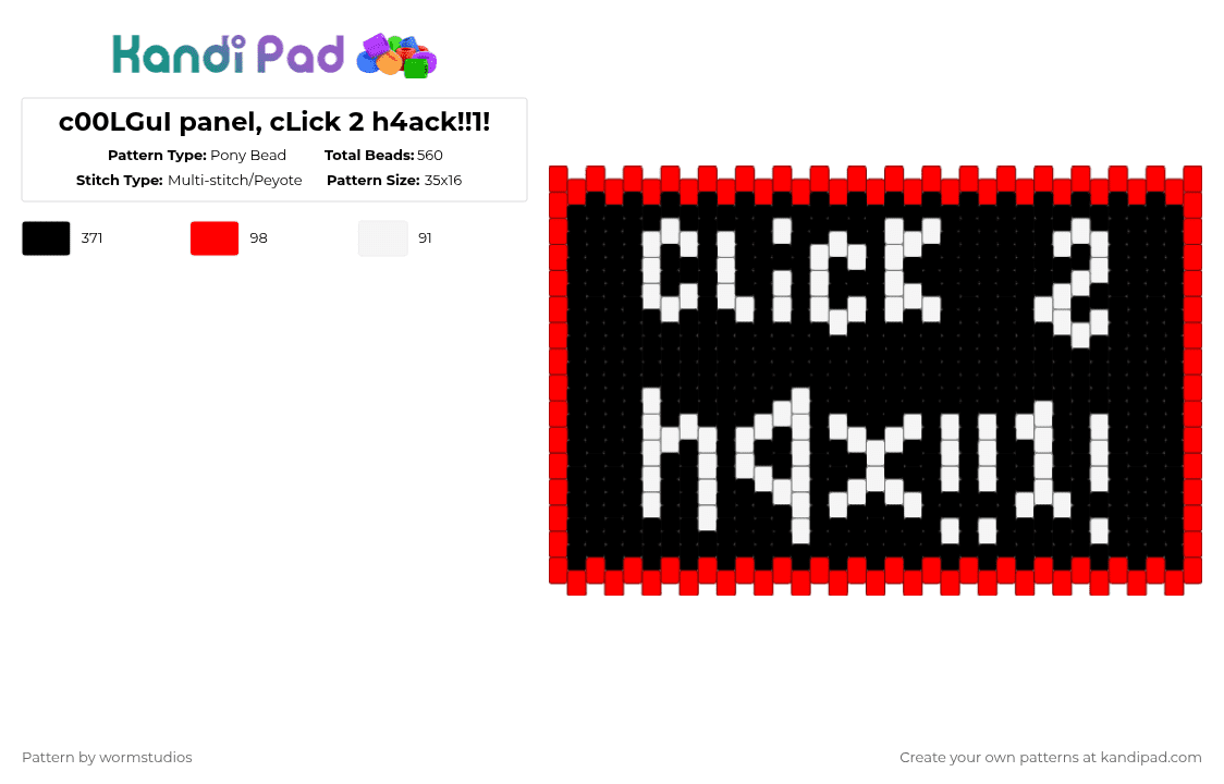 c00LGuI panel, cLick 2 h4ack!!1! - Pony Bead Pattern by wormstudios on Kandi Pad - black,red,white,c00lgui,hacker,007n7,c00lkidd,panel,kandi bag,roblox,robloxian