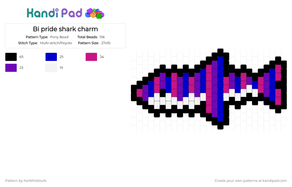 Bi pride shark charm - Pony Bead Pattern by lifeisagraveandidigit on Kandi Pad - purple,pink