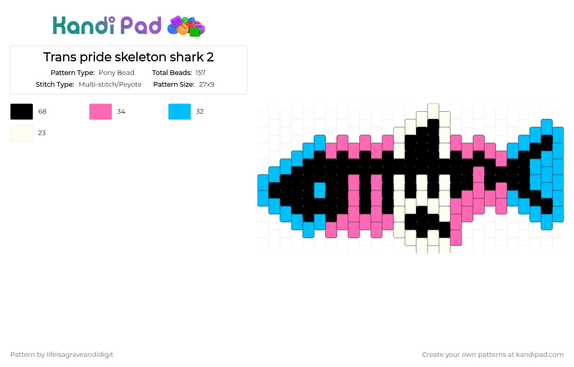 Trans pride skeleton shark 2 - Pony Bead Pattern by lifeisagraveandidigit on Kandi Pad - light blue,pink