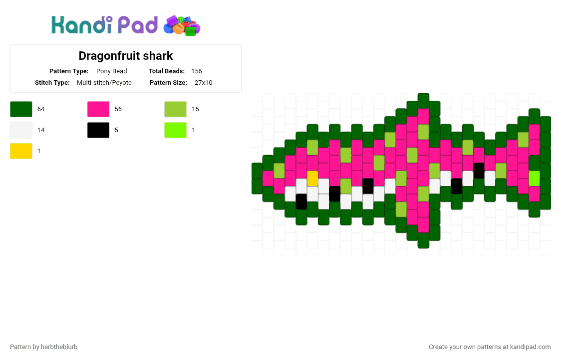 Dragonfruit shark - Pony Bead Pattern by lifeisagraveandidigit on Kandi Pad - green,pink