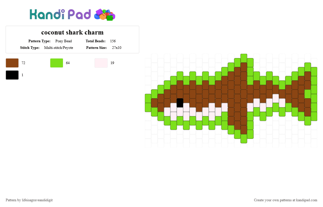 coconut shark charm - Pony Bead Pattern by lifeisagraveandidigit on Kandi Pad - green,red