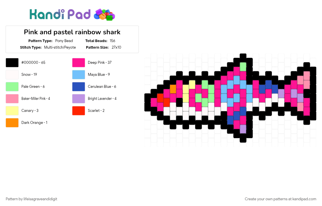 Pink and pastel rainbow shark - Pony Bead Pattern by lifeisagraveandidigit on Kandi Pad - black, pink