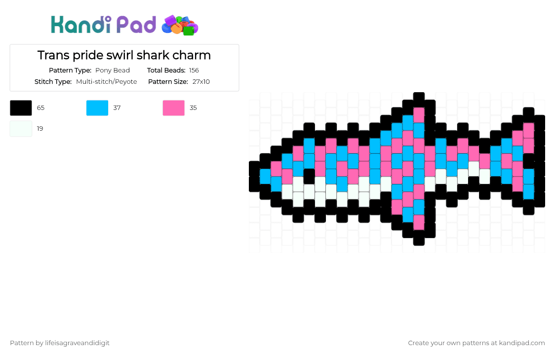Trans pride swirl shark charm - Pony Bead Pattern by lifeisagraveandidigit on Kandi Pad - light blue,pink