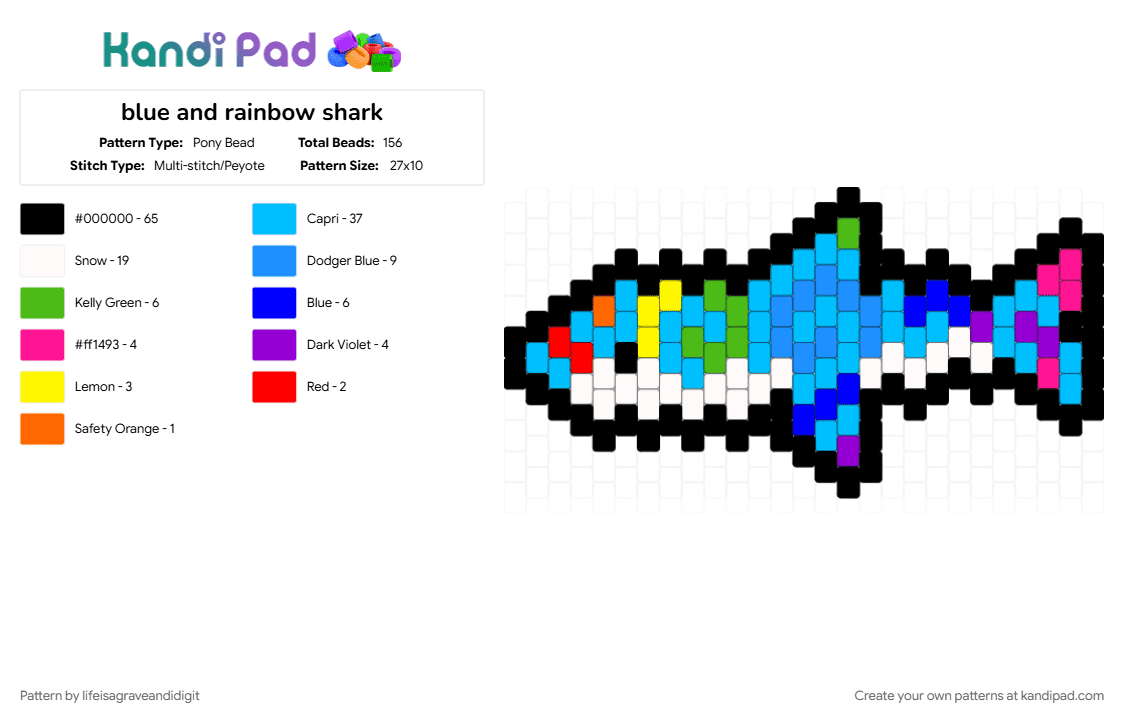 blue and rainbow shark - Pony Bead Pattern by lifeisagraveandidigit on Kandi Pad - black, light blue, purple