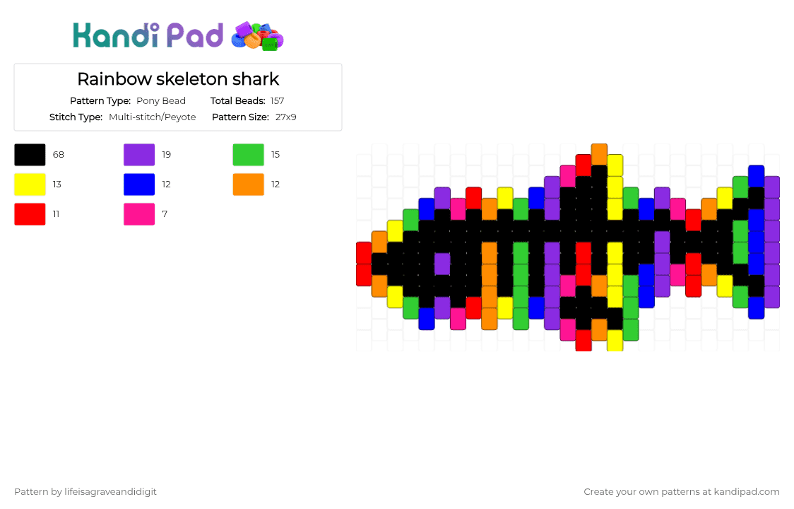 Rainbow skeleton shark - Pony Bead Pattern by lifeisagraveandidigit on Kandi Pad - black,purple,green