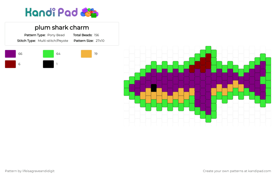 plum shark charm - Pony Bead Pattern by lifeisagraveandidigit on Kandi Pad - green,pink
