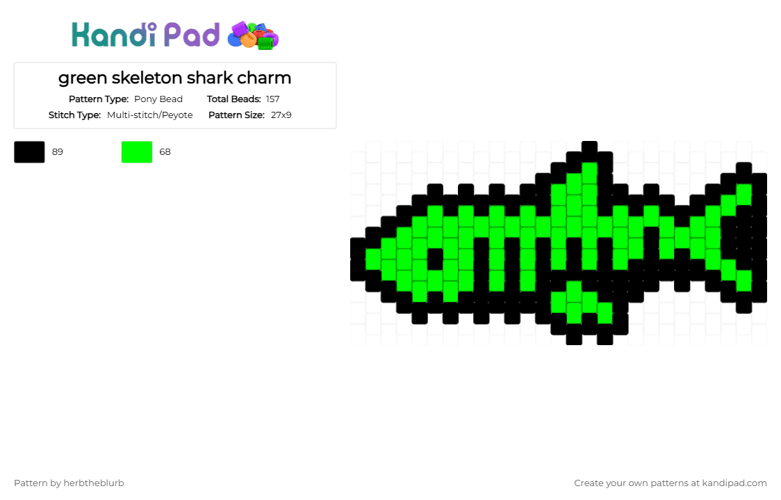 green skeleton shark charm - Pony Bead Pattern by lifeisagraveandidigit on Kandi Pad - black,green