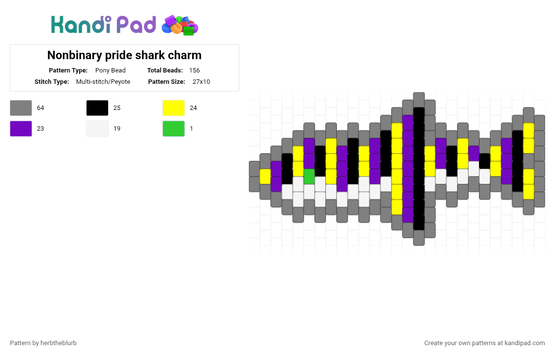 Nonbinary pride shark charm - Pony Bead Pattern by lifeisagraveandidigit on Kandi Pad - gray