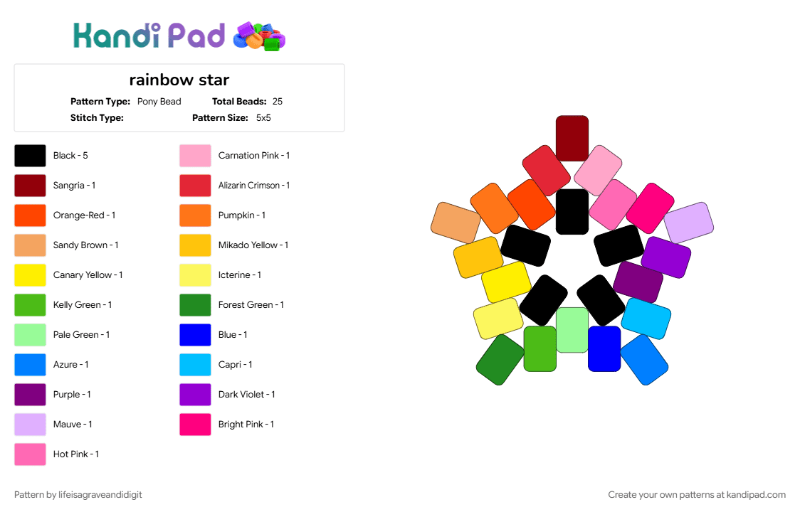 rainbow star - Pony Bead Pattern by lifeisagraveandidigit on Kandi Pad - colorful, green, orange, pink