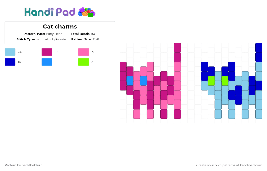 Cat charms - Pony Bead Pattern by herbtheblurb on Kandi Pad - pink,light blue