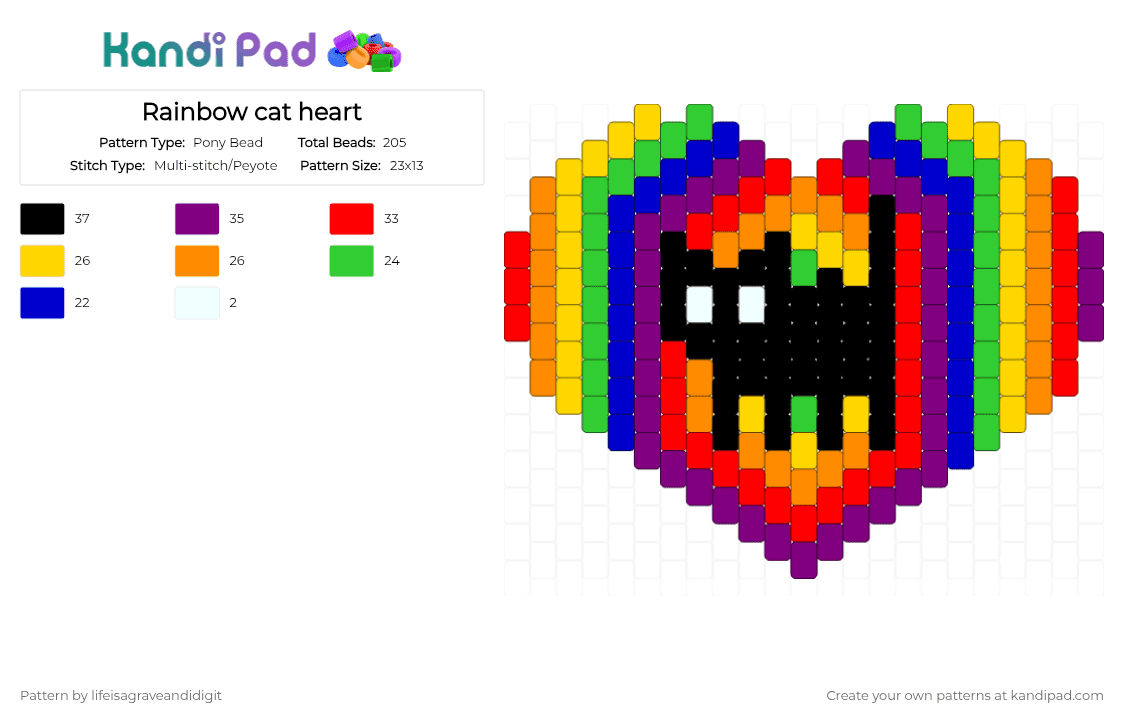 Rainbow cat heart - Pony Bead Pattern by lifeisagraveandidigit on Kandi Pad - yellow,pink,orange,red