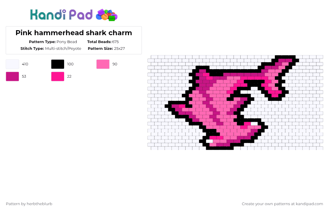 Pink hammerhead shark charm - Pony Bead Pattern by herbtheblurb on Kandi Pad - white,pink