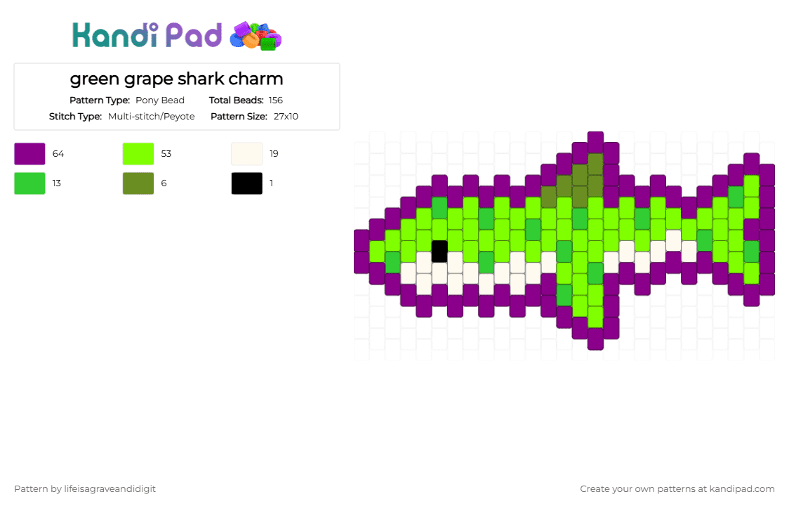 green grape shark charm - Pony Bead Pattern by lifeisagraveandidigit on Kandi Pad - pink,green