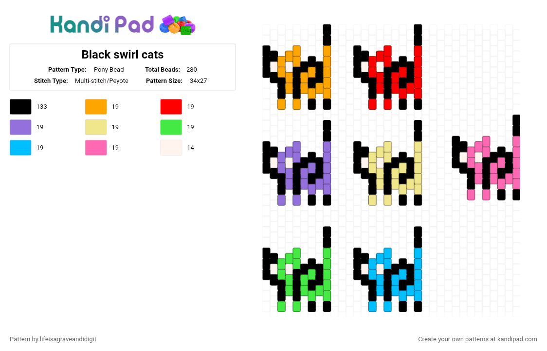 Black swirl cats - Pony Bead Pattern by lifeisagraveandidigit on Kandi Pad - black,red,yellow,light blue,colorful