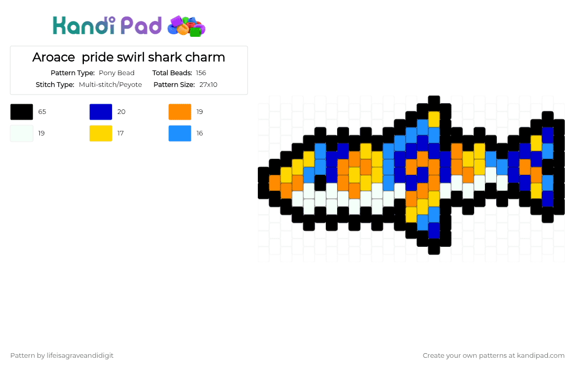 Aroace  pride swirl shark charm - Pony Bead Pattern by lifeisagraveandidigit on Kandi Pad - purple,yellow,orange